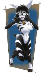 1girl absurdres animal_ears black_hair breasts chapter_170_monster_girl_(one-punch_man) claws fangs furry goat_legs highres hooves monster_girl neck_bell no_nipples no_nose one-punch_man red_eyes single_fang tail tyomoti