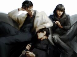 Rule 34 | 1girl, 2boys, black coat, black hoodie, black shirt, cigarette, closed eyes, coat, collared shirt, couch, elbow rest, han sooyoung, hand on another&#039;s head, hand on own stomach, holding, holding cigarette, holding sword, holding weapon, hood, hood down, hoodie, kim dokja, leaning back, leaning on person, leaning on self, macaronijail, multiple boys, omniscient reader&#039;s viewpoint, on couch, popped collar, shirt, spread legs, sword, weapon, white background, white coat, yoo joonghyuk