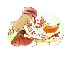 Rule 34 | 1girl, animal ear fluff, blonde hair, blush, braixen, closed eyes, fang, gen 6 pokemon, hat, headpat, heart, long hair, low-tied long hair, multicolored fur, nintendo, noritamako, open mouth, pink hat, pokemon, pokemon (creature), pokemon xy, red skirt, serena (pokemon), shirt, skirt, sleeveless, sleeveless shirt, smile, snout, squatting, stick, yellow fur