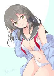 1girl alternate_costume bikini black_hair black_sailor_collar blush breasts collarbone commentary_request cowboy_shot green_eyes hair_ornament hairclip highres kantai_collection looking_at_viewer navel neckerchief one-hour_drawing_challenge oyashio_(kancolle) red_neckerchief sailor_collar shizuna_kaede simple_background solo stomach swimsuit twitter_username undone_neckerchief white_bikini