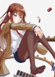 1girl absurdres blue_eyes brown_hair feet highres light_blush long_hair looking_at_viewer makise_kurisu pantyhose soles steins;gate taqielang toes