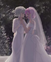2girls absurdres bridal_veil closed_eyes closed_mouth commentary double_bun dress emuutori english_commentary female_focus flower grey_hair hair_bun hand_on_another&#039;s_waist highres holding_hands jewelry kusanagi_nene long_sleeves multiple_girls off-shoulder_dress off_shoulder ootori_emu open_mouth pink_flower pink_hair project_sekai ring see-through_clothes see-through_veil smile standing veil wedding_dress wedding_ring white_dress wife_and_wife yuri