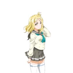 Rule 34 | 1girl, anime coloring, aqua bow, aqua neckerchief, blonde hair, blush, bow, bow legwear, braid, buttons, cowboy shot, crown braid, double-breasted, grey sailor collar, grey skirt, hair rings, hand up, long sleeves, looking at viewer, looking to the side, love live!, love live! school idol festival, love live! sunshine!!, medium hair, miniskirt, neckerchief, official art, ohara mari, pleated skirt, sailor collar, school uniform, serafuku, shirt, single hair ring, skindentation, skirt, smile, socks, solo, standing, thighhighs, three quarter view, tie clip, transparent background, uranohoshi school uniform, white shirt, white socks, white thighhighs, winter uniform, yellow eyes