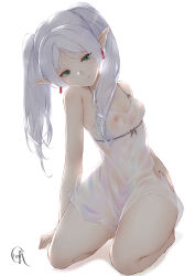 1girl chark14 elf frieren green_eyes highres kneeling long_hair pointy_ears see-through_clothes sousou_no_frieren twintails white_hair