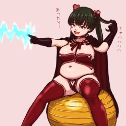 1girl akaboshi_inome ball belly big_belly black_hair breasts cape reference_sheet cleavage exercise_ball face_paint gloves green_eyes green_hair heart high_heels highres japanese_text large_breasts long_hair magical_girl muffin_top playing_with_own_hair plump sitting smug solo thick_thighs thighhighs thighs thong translation_request twintails undersized_clothes