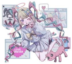 1girl :d ame-chan_(needy_girl_overdose) blonde_hair blue_bow blue_eyes blue_hair bow bowtie brooch cat chouzetsusaikawa_tenshi-chan emoji grey_sailor_collar grey_serafuku grey_shirt grey_skirt hair_bow halo heart heart_brooch highres holding holding_knife jewelry knife long_hair long_sleeves looking_at_viewer multicolored_hair multiple_hair_bows needy_girl_overdose one_eye_closed open_mouth p-chan pill pink_bow pink_cat pink_hair platform_shoes pleading_face_emoji pleated_skirt purple_bow sailor_collar saku050524 school_uniform serafuku shirt shoes simple_background single_hair_intake skirt smile spoken_heart twintails very_long_hair white_background white_shoes yellow_bow yellow_bowtie