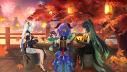 4girls absurdres artist_request black_hair blue_hair cup fence fireworks flower ganyu_(genshin_impact) ganyu_(twilight_blossom)_(genshin_impact) genshin_impact hair_flower hair_ornament highres horns lantern mountainous_horizon multiple_girls ponytail shenhe_(frostflower_dew)_(genshin_impact) shenhe_(genshin_impact) short_twintails sitting table tree twintails vision_(genshin_impact) white_hair wooden_fence xianyun_(genshin_impact)