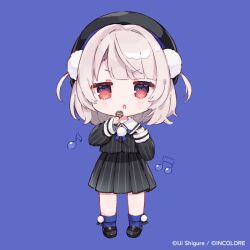 1girl beamed_eighth_notes beret black_hat black_shirt black_shoes black_skirt blue_background blue_socks blush brown_hair chibi collared_shirt commentary_request eighth_note full_body hat holding holding_microphone loafers long_sleeves looking_at_viewer microphone musical_note official_art parted_lips pinstripe_pattern pinstripe_shirt pinstripe_skirt pleated_skirt puffy_long_sleeves puffy_sleeves red_eyes sencha_(senta_10) shirt shoes simple_background skirt sleeves_past_wrists socks solo standing two_side_up ui_(voisona) v-shaped_eyebrows voisona