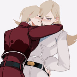 2boys ancestor_and_descendant androgynous arm_around_neck arm_up ash_crimson belt belt_buckle black_belt black_nails blonde_hair buckle closed_eyes closed_mouth commentary cowboy_shot cropped_jacket eyeliner freckles hair_over_one_eye hand_on_own_hip hexermer highres hug jacket light_frown long_hair long_sleeves looking_down makeup male_focus multiple_boys nail_polish one_eye_covered pants patterned_clothing red_jacket red_pants red_shirt saiki_(kof) shirt simple_background smile symbol-only_commentary the_king_of_fighters the_king_of_fighters_xiii undershirt white_background white_jacket white_pants white_trim