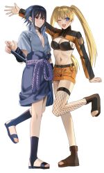 Rule 34 | 2girls, ;d, belt, betti (maron), blonde hair, blue eyes, boots, brown belt, brown boots, cropped jacket, fishnet thighhighs, fishnets, full body, genderswap, genderswap (mtf), grey shirt, grey skirt, highres, jacket, long hair, long sleeves, looking at viewer, multiple girls, naruko (naruto), naruto (series), naruto shippuuden, navel, one eye closed, open-toe boots, open mouth, orange shorts, red eyes, shirt, short hair, short sleeves, shorts, simple background, skirt, smile, standing, standing on one leg, stomach, striped clothes, striped jacket, sword, sword on back, teeth, thighhighs, tongue, twintails, uchiha sasuke, upper teeth only, uzumaki naruto, weapon, weapon on back, white background