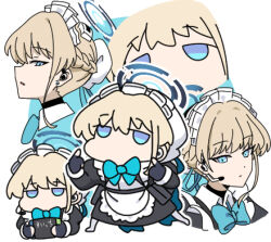 Rule 34 | 1girl, apron, black gloves, blonde hair, blue archive, blue background, blue bow, blue eyes, bow, chibi, closed mouth, commentary request, fingerless gloves, gloves, hair between eyes, halo, headset, holding, juliet sleeves, long sleeves, lowres, maid, maid apron, maid headdress, multiple views, nintendo switch, nyaru (nyaru 4126), parted lips, profile, puffy sleeves, toki (blue archive), two-tone background, white apron, white background
