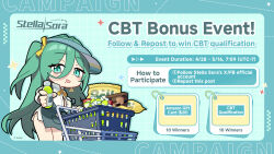 1girl :d announcement apron aqua_eyes black_apron bottle breasts chibi chibi_only cleavage collared_shirt commentary copyright_name copyright_notice earrings english_commentary english_text green_hair hair_between_eyes hair_ribbon highres holding holding_bottle jewelry large_breasts long_hair long_hair_between_eyes looking_at_viewer mole mole_under_eye mole_under_mouth multiple_moles neck_ribbon official_art one_side_up open_clothes open_mouth open_shirt portia_(stella_sora) ribbon shirt shopping_basket_cart smile solo standing stella_sora triangle_earrings white_shirt yellow_ribbon