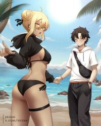 1boy 1girl ahoge artist_name artoria_pendragon_(fate) ass bag beach bikini black-framed_eyewear black_bikini black_hair black_jacket black_pants black_ribbon blonde_hair blue_sky blush braid breasts choker clock cloud commission dark-skinned_female dark_skin dating day fate/grand_order fate_(series) fujimaru_ritsuka_(male) glasses hair_between_eyes hair_bun hair_ornament hair_ribbon hand_in_pocket highres holding_hands hood hood_down hoodie jacket long_sleeves looking_at_viewer looking_back medium_breasts mountainous_horizon mysterious_heroine_x_alter_(fate) mysterious_heroine_xx_alter_(fate) ocean open_mouth outdoors palm_tree pants pointing pointing_at_viewer ribbon rock sand semi-rimless_eyewear shirt short_hair short_sleeves shoulder_bag side-tie_bikini_bottom side-tie_clothing side-tie_swimsuit sideboob sidelocks skeb_commission sky smile standing summer sun sunlight swimsuit thigh_strap thighs tree twitter_username watch water white_hoodie white_shirt wristwatch xkzan yellow_eyes