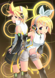 1boy 1girl :p absurdres aqua_eyes arm_warmers bare_shoulders black_thighhighs blonde_hair blush brother_and_sister detached_sleeves groin hair_ornament hair_ribbon hairclip headphones highres kagamine_len kagamine_len_(append) kagamine_rin kagamine_rin_(append) kuroneko_shiro leg_warmers looking_back navel no_panties open_clothes open_fly open_shorts popped_collar ribbon short_hair shorts siblings smile thighhighs tongue tongue_out twins undressing unzipped vocaloid vocaloid_append