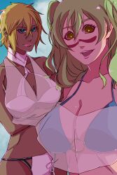 Rule 34 | 2girls, bikini, bleach, bleach: brave souls, blonde hair, blue eyes, breasts, cleavage, green eyes, green hair, highres, large breasts, long hair, multiple girls, nelliel tu odelschwanck, strikek-lvvjm27, swimsuit, tier harribel, underboob