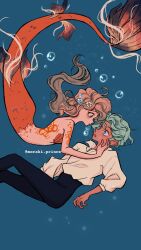 Rule 34 | 1boy, 1girl, air bubble, arm tattoo, artist self-insert, back tattoo, baggy clothes, bikini, blush, bubble, collared shirt, cove holden, fins, fish tail, flower, from side, full body, gradient hair, green hair, hair flower, hair ornament, hand on another&#039;s neck, heart, hetero, highres, long hair, looking at another, main character (our life), medium hair, meraooni, mermaid, monster girl, multicolored hair, orange eyes, our life, our life: beginnings and always, outstretched arm, poppy (flower), scales, shell, shell bikini, shirt, swimsuit, tail, tattoo, underwater, very long hair, wavy hair, white shirt
