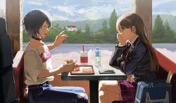 2girls absurdres aged_down bag bang_dream! bang_dream!_it&#039;s_mygo!!!!! black_choker black_hair black_jacket blue_bag blue_pants bonsachoi brown_hair burger cellphone choker crossed_legs drinking_straw drumsticks food green_eyes guitar_case haneoka_school_uniform highres instrument_case jacket long_hair long_sleeves mole mole_under_eye multiple_girls necktie pants phone plaid_clothes plaid_skirt purple_eyes purple_necktie purple_skirt school_bag school_uniform shiina_taki shirt sitting skirt smartphone white_shirt yahata_umiri