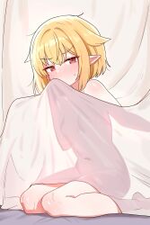 1girl blonde_hair breasts covered_navel curtain_grab curtains hair_between_eyes highres indie_virtual_youtuber looking_at_viewer medium_hair nude pointy_ears red_eyes saho_4545 seiza sitting small_breasts solo thighs virtual_youtuber