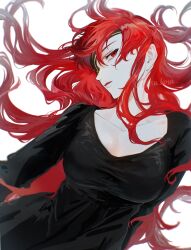 1girl absurdres artist_name black_dress breasts dress esu_kota eyepatch highres hwa_ryun lips long_hair long_sleeves looking_at_viewer lying on_back one_eye_covered original parted_lips red_eyes red_hair solo tower_of_god twitter_username white_background