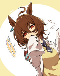 1girl absurdres agnes_tachyon_(umamusume) ahoge black_necktie brown_hair chemical_structure coat earrings hair_between_eyes hands_up highres ib011014 jewelry lab_coat medium_hair motion_lines necktie open_mouth red_eyes short_necktie single_earring sleeves_past_fingers sleeves_past_wrists solo speech_bubble sweater teeth translation_request umamusume upper_body upper_teeth_only white_coat wolf_cut yellow_sweater