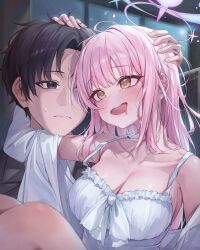 1boy 1girl absurdres blue_archive blush breasts cleavage collarbone dress drooling drunk halo hand_on_own_head hetero highres large_breasts long_hair looking_at_another mika_(blue_archive) mouth_drool pink_hair sensei_(blue_archive) smile straight_hair sweatdrop um_111 very_long_hair white_dress yellow_eyes