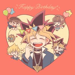 1girl 4boys balloon black_hair blonde_hair blue_skirt blush bob_cut brown_hair closed_eyes facing_viewer fang grin happy_birthday heart highres holding holding_party_popper honda_hiroto jonouchi_katsuya kuriboh long_sleeves looking_at_viewer mazaki_anzu millennium_puzzle multicolored_hair multiple_boys muto_yugi party_popper red_background red_hair school_uniform simple_background skirt smile spiked_hair um_e9 upper_body yami_yugi yu-gi-oh! yu-gi-oh!_duel_monsters