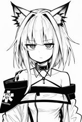 1girl animal_ear_fluff animal_ears arknights bare_shoulders closed_mouth clothes_writing collarbone greyscale hair_intakes halterneck kal&#039;tsit_(arknights) light_frown looking_at_viewer makigirisu material_growth monochrome off_shoulder oripathy_lesion_(arknights) short_hair_with_long_locks simple_background solo star_of_life staring upper_body white_background