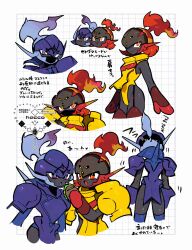 2girls arm_blade armarouge armor blue_fire ceruledge cowboy_shot eye_trail fire flaming_sword flaming_weapon glowing glowing_eyes hacco_mayu highres leotard light_trail multiple_expressions multiple_girls nintendo pokemon pokemon_(creature) purple_armor purple_eyes purple_hair purple_leotard red_eyes red_hair reference_sheet shield simple_background sword weapon white_background yellow_armor yellow_leotard