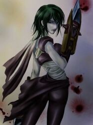 Rule 34 | 1girl, ass, assassin (ragnarok online), bandages over clothes, black cape, black pants, black shirt, blood, blood splatter, cape, closed mouth, commentary request, cowboy shot, dagger, dual wielding, earrings, from behind, green eyes, green hair, holding, holding dagger, holding knife, holding weapon, hoop earrings, jamadhar, jewelry, knife, looking at viewer, looking to the side, medium hair, pants, ragnarok online, shirt, short sleeves, simpatiaein, solo, waist cape, weapon