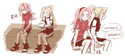 2girls 79x_(ox79xo) bandaged_torso bare_shoulders black_shorts blonde_hair blue_eyes closed_mouth detached_sleeves dress green_eyes haruno_sakura highres holding_hands long_hair long_sleeves multiple_girls multiple_views naruto_(classic) naruto_(series) open-toe_shoes pink_hair ponytail red_dress short_sleeves shorts sitting speech_bubble sweatdrop translation_request white_background yamanaka_ino yuri