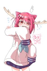 1girl :3 :d ^^^ absurdres animal_ears antenna_hair antlers aqua_neckerchief arm_up artist_name blue_skirt blush bob_cut cat_girl chibi chibi_inset commentary cone_hair_bun covering_own_mouth cowboy_shot deer_antlers deer_girl double_bun embarrassed english_commentary fake_animal_ears flying_sweatdrops hair_between_eyes hair_bun hair_ears hair_ornament hairclip hands_up head_tilt highres hikimayu horns initial jitome looking_at_viewer ltv1119 neckerchief nekoyamada_neko nervous nose_blush open_mouth oversized_clothes pink_hair pleated_skirt red_eyes school_uniform sharp_teeth shikanoko_nokonoko_koshitantan shirt short_eyebrows short_hair signature skirt sleeves_past_fingers sleeves_past_wrists smile solo standing surprised teeth thick_eyebrows very_long_sleeves wavy_mouth white_shirt