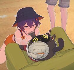 1girl 2boys @_@ bangboo_(zenless_zone_zero) belle_(summer_skies)_(zenless_zone_zero) belle_(zenless_zone_zero) blue_eyes bucket_hat chair erection fellatio from_above hair_between_eyes hair_ornament hat hetero kneeling letter_hair_ornament multiple_boys on_chair oral penis purple_hair short_hair solo_focus standing sunggou textless_version wise_(peaceful_waves)_(zenless_zone_zero) wise_(zenless_zone_zero) zenless_zone_zero