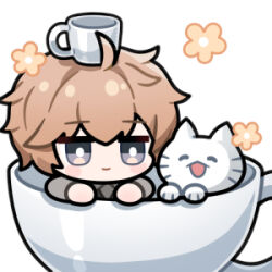 Rule 34 | 1boy, ahoge, blonde hair, cat, chibi, chinese commentary, commentary request, cup, euyueuy, flower, grey eyes, lee (pgr), lowres, object on head, official art, punishing: gray raven, second-party source, teacup