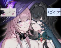 2girls ascot bare_shoulders bespectacled black-framed_eyewear black_background black_choker black_hair blue_eyes blue_gloves choker glasses gloves grey_hair hair_intakes hat herta_(honkai:_star_rail) honkai:_star_rail honkai_(series) long_hair looking_at_viewer multiple_girls parted_lips portrait purple_eyes purple_hat rokibent ruan_mei_(honkai:_star_rail) smile the_herta_(honkai:_star_rail) white_ascot