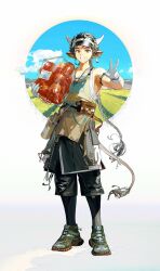 1boy :d animal_ears apple arknights arm_strap armpits bag bare_shoulders belt belt_pouch black_hair black_shorts braid brown_eyes cow_boy cow_ears cow_horns cow_tail earrings food fruit full_body gloves green_shoes grin highres holding holding_bag horns jewelry long_hair looking_at_viewer male_focus necklace official_alternate_costume open_mouth parted_lips pouch revision shoes shorts single_braid smile solo standing tail v very_long_hair visor_cap wan_qing_(arknights) wan_qing_(tons_of_sunshine)_(arknights) white_gloves yyb