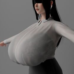1girl 3d black_hair black_skirt blindfold blush colorized isha_(momoyama) long_hair momoyama see_through_clothes shirt simple_background skirt standing straight_hair t-pose tagme tight_skirt white_shirt