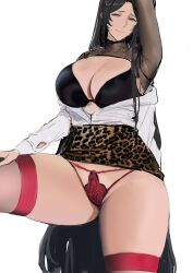 1girl absurdres alios_arvin animal_print arm_up black_hair breasts cleavage flashing high-waist_skirt highres huge_breasts leopard_print long_hair looking_at_viewer mature_female original panties partially_unbuttoned red_panties shirt simple_background skirt sleeve_cuffs solo standing standing_on_one_leg underwear unfinished very_long_hair white_background white_shirt