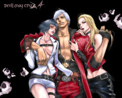 1boy 2girls belt black_belt black_choker black_hair blonde_hair blue_eyes breasts brown_hair choker closed_mouth coat commentary_request dante_(devil_may_cry) devil_may_cry devil_may_cry_(series) devil_may_cry_4 fingerless_gloves gloves illexiss korean_commentary lady_(devil_may_cry) lipstick makeup medium_breasts midriff multiple_girls navel parted_lips pectoral_cleavage pectorals plunging_neckline red_coat red_lips short_hair short_shorts shorts single_fingerless_glove strapless swimsuit thigh_strap trish_(devil_may_cry) tube_top white_hair white_shorts