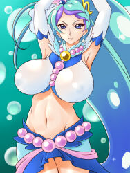 1girl armpits arms_up bare_shoulders blue_hair breasts cleavage commentary_request cure_mermaid elbow_gloves gloves go!_princess_precure groin highres huge_breasts kaidou_minami lento_(glamour_works) long_hair magical_girl midriff navel ponytail precure revision solo thighs very_long_hair white_gloves
