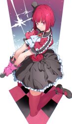 1girl absurdres arima_kana black_hat black_shoes black_skirt bob_cut closed_mouth commentary_request gloves hat highres himuro_yukichiko holding holding_microphone idol idol_clothes inverted_bob looking_at_viewer microphone mini_hat mini_top_hat oshi_no_ko pink_gloves red_eyes red_hair red_shirt red_socks shirt shoes short_hair skirt socks solo top_hat