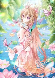 1girl bare_shoulders blonde_hair bow bug butterfly butterfly_hair_ornament butterfly_on_hand commentary_request day detached_sleeves dress fingernails flower from_behind fujishiro_kazuha hair_between_eyes hair_ornament hand_up hands_up highres insect long_hair long_sleeves looking_at_viewer looking_back original outdoors parted_lips pink_bow pink_butterfly pink_eyes pink_flower pointy_ears puffy_long_sleeves puffy_sleeves ripples sleeveless sleeveless_dress smile solo very_long_hair wading water yellow_flower