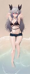 1girl absurdres alternate_costume alternate_hair_length alternate_hairstyle armpits bare_arms barefoot beach bikini bikini_under_clothes black_bikini black_bow blue_sky blush bow breasts cleavage commentary_request criss-cross_halter crossed_bangs day denim denim_skirt double-parted_bangs from_above full_body gluteal_fold grey_hair hair_between_eyes hair_bow halterneck highleg highleg_bikini highres hololive hololive_dev_is isaki_riona knee_up long_hair looking_at_viewer lying medium_breasts microskirt navel_piercing nekoi_(nekoi_0116) o-ring o-ring_bikini on_ground open_fly outdoors outstretched_arms parted_lips piercing reaching reaching_towards_viewer red_eyes side-tie_bikini_bottom sidelocks skirt sky smile soaking_feet solo spiked_ear_piercing swimsuit two_side_up very_long_hair virtual_youtuber water