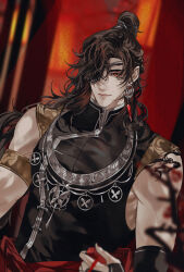 Rule 34 | 1boy, alternate costume, alternate hairstyle, armlet, armor, bare shoulders, bishounen, black gloves, black hair, black nails, black shirt, blood, blurry, blurry background, blurry foreground, butterfly necklace, chinese clothes, closed mouth, clothes around waist, curtains, depth of field, detached sleeves, dice, earrings, elbow gloves, eyepatch, fang, fang out, fingerless gloves, gloves, hair bun, hair over one eye, high collar, highres, holding, holding dice, hua cheng, jewelry, long hair, looking at viewer, male focus, muscular, muscular male, necklace, one eye covered, pointy ears, ponytail, red eyes, ronpu cooing, shirt, shoulder armor, shoulder tattoo, silver earrings, silver necklace, single hair bun, sleeveless, sleeveless shirt, smile, solo, tattoo, tianguan cifu, upper body, xiao guan (headdress)