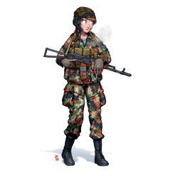 1girl absurdres ammunition_pouch assault_rifle bandaid beanie black_boots blowing_smoke blue_eyes boots braid braided_ponytail brown_hair camouflage camouflage_headwear camouflage_jacket camouflage_pants cigarette combat_boots commentary english_commentary fingerless_gloves folding_stock full_body gloves gun gun_sling hair_over_shoulder hat headphones headset highres holding holding_cigarette holding_gun holding_weapon jacket kalashnikov_rifle lace-up_boots load_bearing_vest long_hair long_sleeves looking_to_the_side military military_combat_uniform military_uniform open_mouth original ostwindprojekt pants paratrooper partially_unzipped pouch rifle russia scar scar_on_face scar_on_nose shirt simple_background single_braid smoke smoking soldier solo soviet soviet_air_force soviet_army standing striped_clothes striped_shirt telnyashka trigger_discipline vdv weapon weapon_request white_background zipper