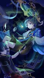 2boys absurdres anemo_symbol_(genshin_impact) animal_print armor belt bird_print black_belt black_bodysuit black_bow black_bridal_gauntlets black_hair black_kimono black_shorts black_sleeves blue_cape blue_gemstone blue_hat blue_kimono blue_sleeves blunt_ends bodysuit bow bridal_gauntlets bright_pupils cape closed_mouth covered_collarbone dual_persona eyeliner eyeshadow feathers furisode gem genshin_impact glowing_gem gold gold_ring gold_trim hakama hakama_shorts han&#039;eri hat highres holding_another&#039;s_arm japanese_armor japanese_clothes jingasa kimono kote kouge_kurame kurokote layered_kimono layered_sleeves looking_at_another looking_at_object makeup mandala mandarin_collar middle_ring multiple_boys o-ring open_clothes open_kimono open_mouth pleated_shorts pom_pom_(clothes) purple_bag purple_eyes purple_rope purple_sash purple_sleeves red_eyeliner red_eyeshadow red_sash ringed_eyes rope sash scaramouche_(genshin_impact) short_sleeves shorts shoulder_peek single_sode smile tassel unworn_hat unworn_headwear wanderer_(genshin_impact) white_kimono white_pupils white_sleeves white_trim yellow_feathers