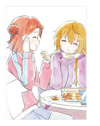 Rule 34 | 2girls, artbook, blue skirt, closed eyes, cookie, eating, food, hair bun, hair ornament, hairclip, hairpin, half updo, highres, jacket, konoe kanata, long hair, love live!, love live! nijigasaki high school idol club, mebachi, medium hair, multiple girls, non-web source, official art, orange hair, pink hair, purple jacket, single side bun, sitting, skirt, smile, uehara ayumu, white background