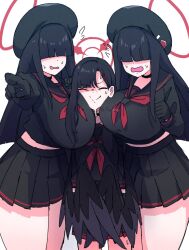 3girls anger_vein beret black_choker black_gloves black_hair black_hat black_shirt black_skirt black_wings blue_archive breasts choker closed_eyes closed_mouth dr_yamero girl_sandwich gloves hair_ornament hair_over_eyes hairclip halo hat ichika_(blue_archive) justice_task_force_member_(blue_archive) large_breasts long_hair long_sleeves multiple_girls neckerchief open_mouth pleated_skirt pointing red_halo red_neckerchief sandwiched shirt simple_background skirt white_background wings