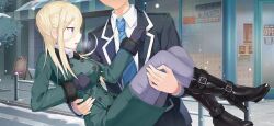 Rule 34 | 1boy, 1girl, black boots, black gloves, black jacket, blazer, blonde hair, blue necktie, boots, breasts, coat, date a live, date a live: spirit pledge, ellen mira mathers, game cg, gloves, high heel boots, high heels, jacket, long hair, long sleeves, medium breasts, necktie, official art, open mouth, outdoors, raizen high school uniform, school uniform, shirt, snowing, third-party source, v-shaped eyebrows, white shirt, winter clothes, winter coat