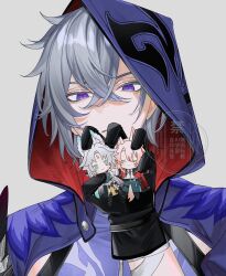 1boy animal_ears aqua_hair bandaged_arm bandages belt black_belt black_boots black_gloves black_shorts blue_pants boots cape character_doll chinese_clothes closed_eyes closed_mouth coat collared_shirt crossed_bangs doll earrings feixiao_(honkai:_star_rail) forehead_jewel fox_boy fox_ears fox_girl fox_tail gloves gradient_hair green_eyes green_shirt grey_background grey_hair hair_between_eyes hand_up highres holding holding_doll honkai:_star_rail honkai_(series) hood hooded_cape jewelry jiaoqiu_(honkai:_star_rail) long_hair long_sleeves looking_at_viewer moze_(honkai:_star_rail) multicolored_hair open_clothes open_coat oy6eaddao5qetyk pants pink_hair pink_pupils ponytail purple_cape purple_eyes purple_nails red_cape red_shrug shirt short_hair shorts shrug_(clothing) simple_background single_earring sleeveless sleeveless_shirt smile solo tail two-sided_cape two-sided_fabric upper_body watermark white_coat white_shirt