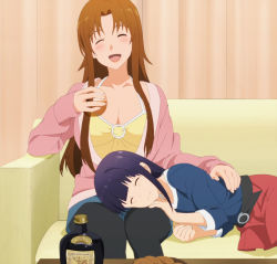 2girls blush breasts brown_hair cleavage couch closed_eyes highres lap long_hair lying multiple_girls on_side open_mouth purple_hair screencap sitting smile takanashi_kozue working!! yamada_aoi